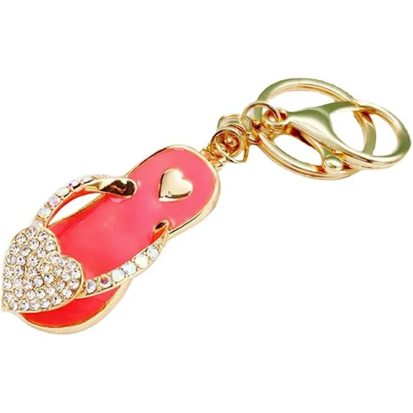 Nyckelring med strass-kärlekstofflor, nyckelring med flip-flops, nyckelring med kristallskor, nyckelring med sandalprydnad, nyckelring för bilväska, 