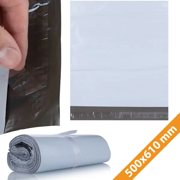 Valkoiset Postituspussit 500X610Mm – 100 Kpl | Vahva LDPE | Vesitiivis ja Repeamiskestävä | Itseliimautuva Sulku