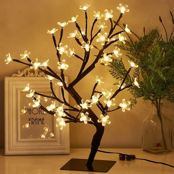 Lewondr 45 cm LED Ljusträd, Julbelysning Batteridriven LED Bonsaiträd Körsbärsträd med 48 Blommor Ljuskälla Juldekoration