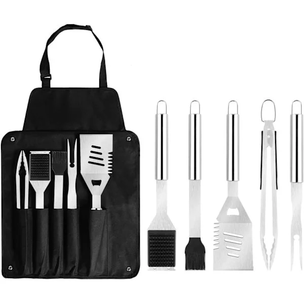 NineClouds Set med 6 grillredskap - tång, gaffel, spatel, borste, grillväska i rostfritt stål