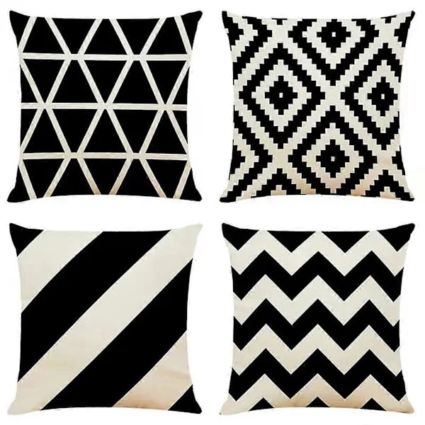 Koristeelliset tyynynpäälliset, 4 kpl, musta, 45 x 45 cm, geometriset tyynynpäälliset, neliönmuotoinen tyynynpäällinen ulkokäyttöön, terassille, 