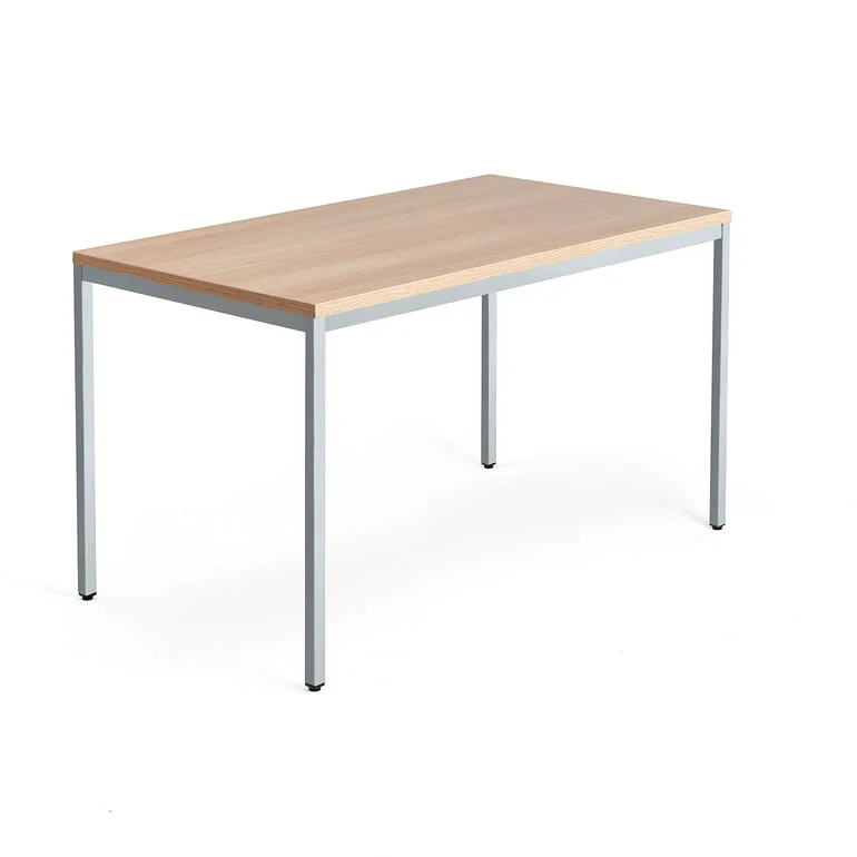 Työpöytä QBUS, kiinteä korkeus, 4 suoraa jalkaa, 1400x800 mm, hopeanharmaa jalusta, tammi