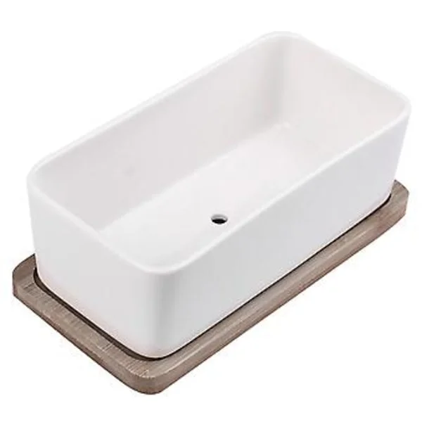 1 Set Keramiikka Soikea Kukkaruukku Bambutarjotin kanssa Mehikasvien Istutusastia Puutarha Bonsai Ruukku Kukkaruukku Valkoinen (1 kpl Kukkaruukku 1 