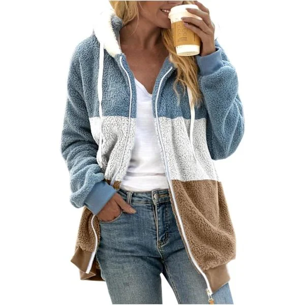 Hettejakke dame teddy fleece kåpe overgangsjakke med hette med lommer glidelås høst vinter plysj jakke fleece jakke vinter XXL F Khaki