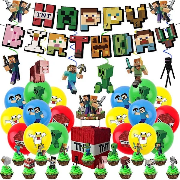 Minecraft Tema Barnkalas Tillbehör Dekorationer Ballong Banner Tårtdekoration Set-WELLNGS