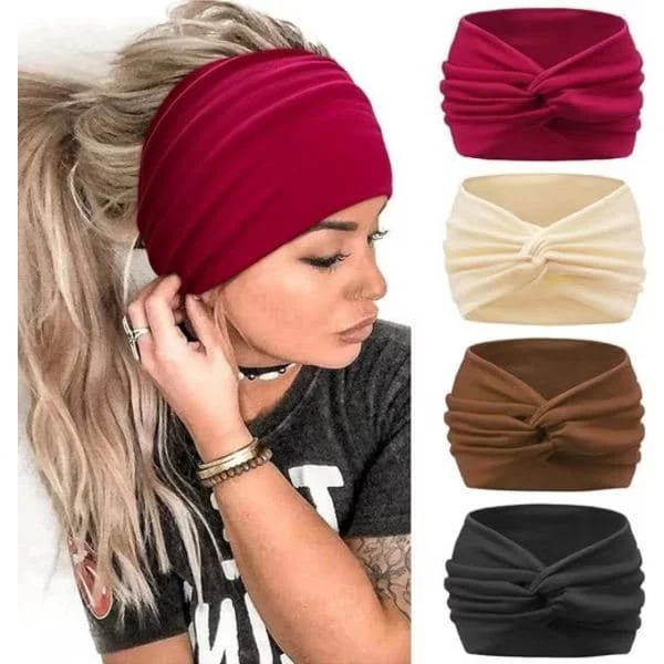 Boho pannband dam 4-pack, pannband / svettband / hårband – breda, flerfärgade, svettabsorberande