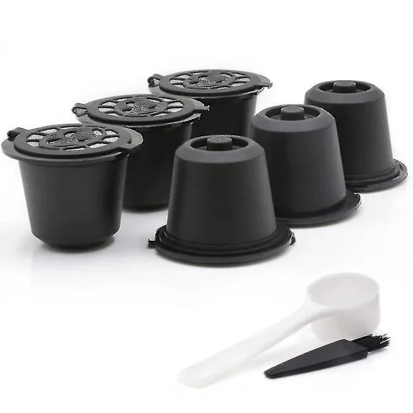5-pakning gjenbrukbare kaffekapsler for Nespresso Original Line, påfyllbare filterputer i rustfritt stål med skje og børste, svart