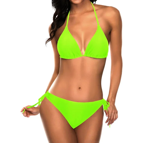 WJSM Dam Triangle Bikini Set Halter Tvådelad Sexig Baddräkt String Tie Sida Baddräkt Neon Grön