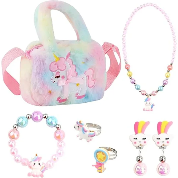 Unicorn Bag with Shoulder Strap, Girls' Jewelry, Unicorn Bag for Girls, Pearl Jewelry Set for Kids, Plush Unicorn Bag, Toys, Uni