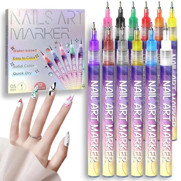 12 Farger Neglekunst Penner Sett 3D Neglelakk Penner Graffiti Dot Penner Akrylmaling Penner Punkt Liner Penn Manikyr Negl DIY Dekorasjon