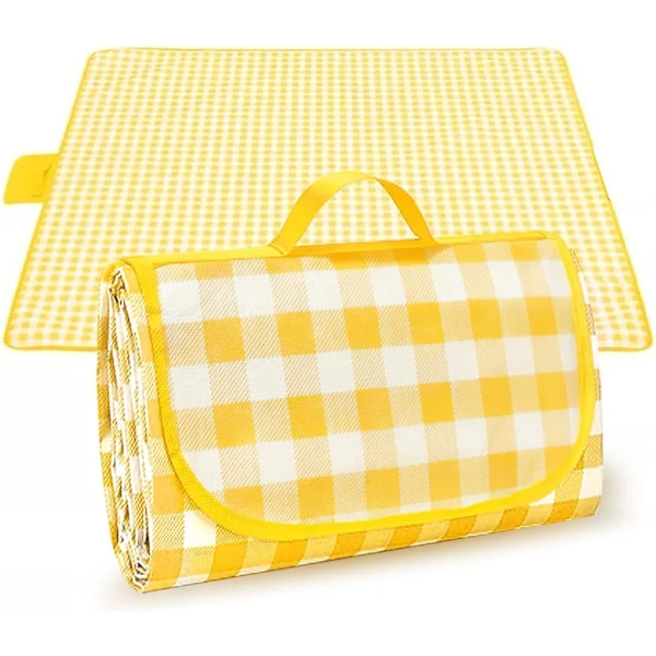 Ekstra-stor plaid picnictæppe med bærehåndtag – Vandtæt, vaskbart udendørstæppe til strand, have og camping – 200 cm x 150 cm (gul)