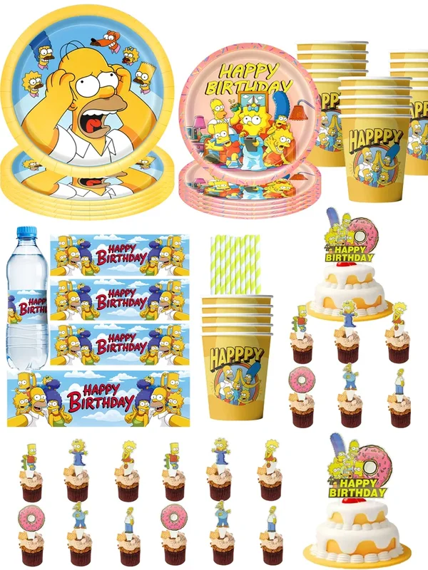 AliExpress - Décorations de fête d'anniversaire Simpson, vaisselle amusante, nappe jaune TV Family, assiettes jetables, fournitures pour baby shower 