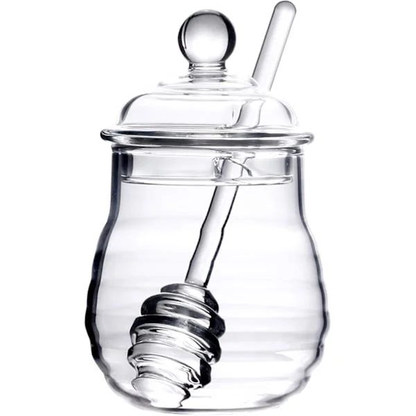 300 ml honningkrukke med skje og lokk i glass, honningkrukke med dypper, varmebestandig honningdispenser i glass, glassbeholder-FO-