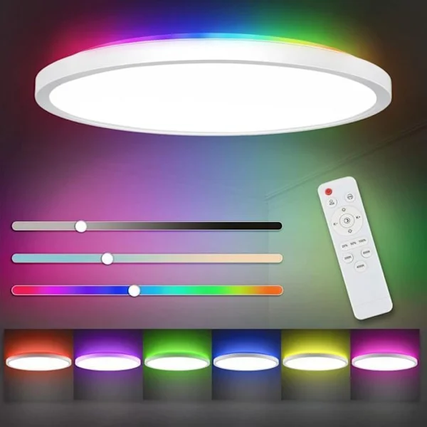 Dæmpbar LED loftlampe - med fjernbetjening, loftlampe, loftlampe til stue, flad rund, indretning, 1 stk., 29×29×3 cm