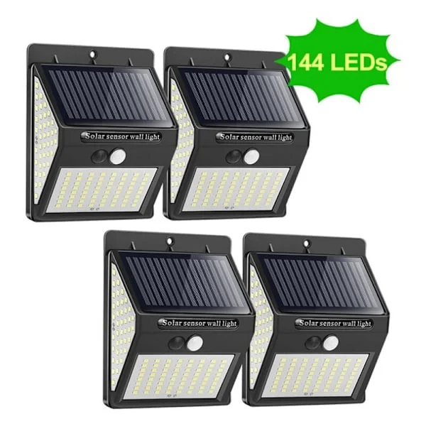 Solcellelampe, 4-pakning 144 LED Solcellelampe Utendørs Bevegelsessensor 3000K Solcellelampe Utendørs 3 Moduser 180° Vanntett Solcellebelysning for 