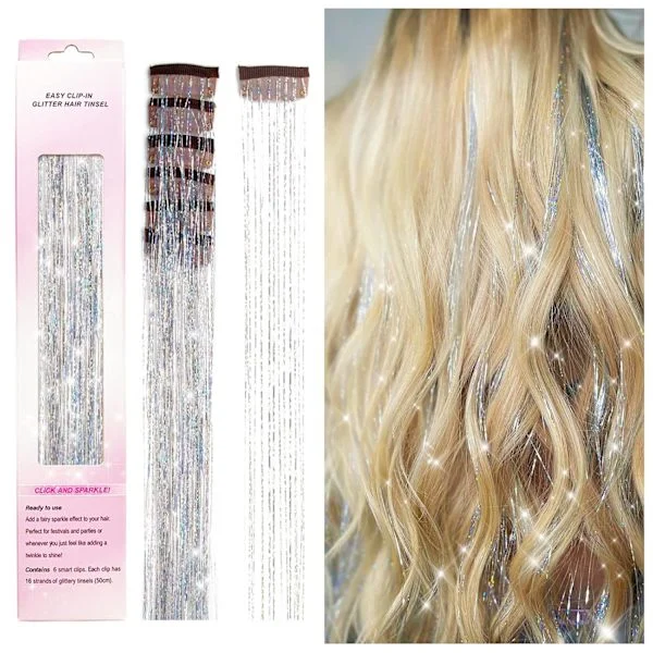 Clip in Hair Tinsel Kit, 12 kpl Glitter Fairy Tinsel Hiustenpidennykset 20 tuumaa Kiiltävät Hiustinselit Lämmönkestävät (Hopea)