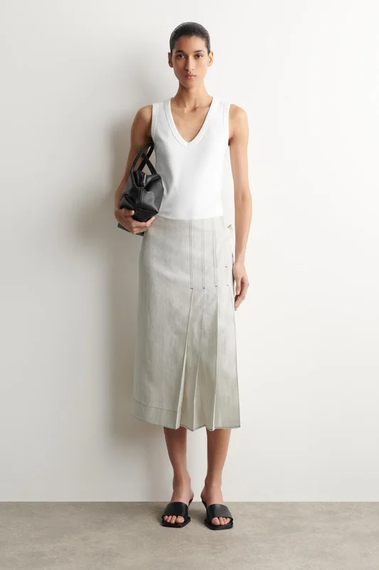 COS Women's Belted Pleated Linen Midi Skirt in Grey