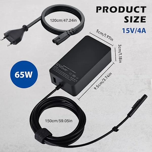 Surface Pro-lader, 65w 15v 4a Microsoft Surface-lader for Surface Laptop 4/3/2/1, Surface Book1/2, Surface Pro 3/4/5/6/7/8/9/x, Surface Go med oss