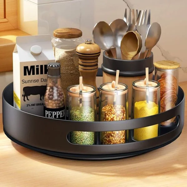 Rotating Tray Rotating Spice Rack Metal Steel Rotating Kitchen Spice Rack for Spice Storage Kitchen Cabinet Storage 12" Black
