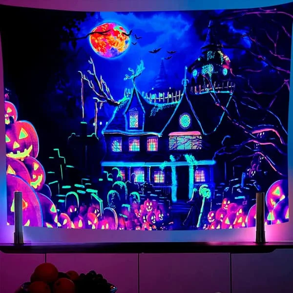 Blacklight Castle Tapestry 200x150CM Pumpkin Bat Castle Psychedelic Tapestry Halloween UV Reactive Castle Wall Tapestry 200x150cm