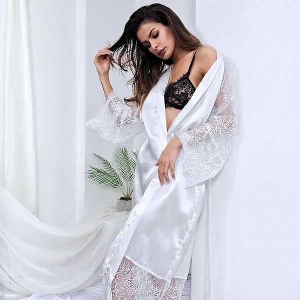 L, Kimono-aamutakit Pitkä Silkki Satiini Musta Kimono-aamutakki