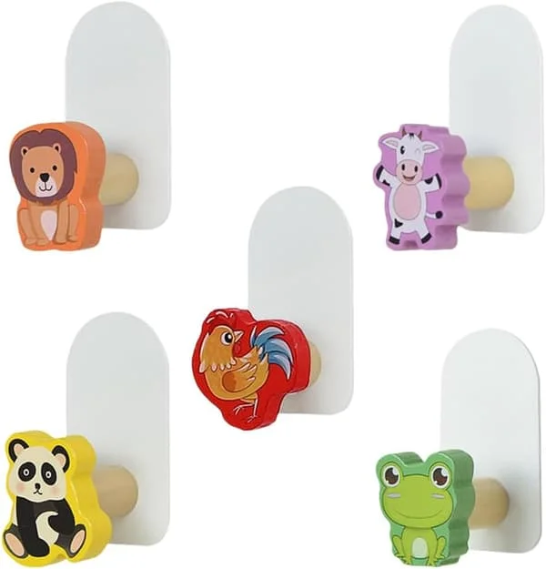 Children's Hooks for Kids, 5 Pcs Wooden Animal Hooks, Self-Adhesive Wooden Wall Hooks, Coat Hook-FX-