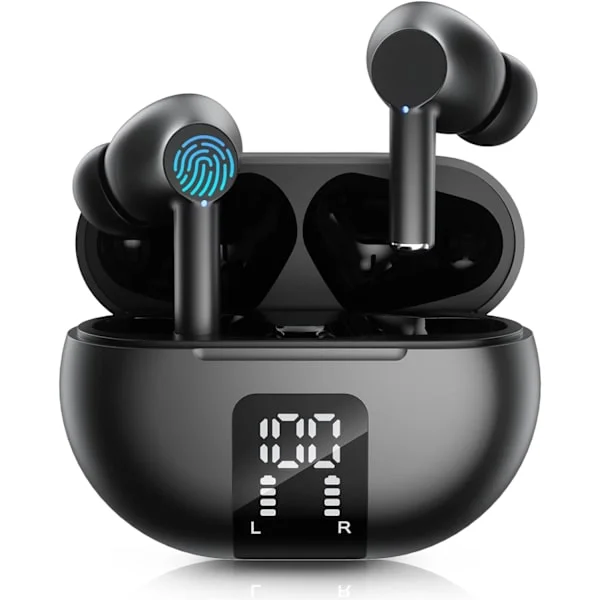 Trådløse ørepropper, ørepropper Bluetooth 5.3 hodetelefoner 40H spilletid LED-skjerm, HiFi stereolyd vanntette ørepropper med mikrofon for iPho