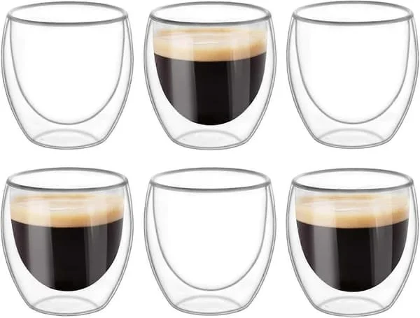 6-pak dobbeltvæggede glaskrus, gennemsigtige dobbeltvæggede kaffekopper, dobbeltvæggede, cappuccino, latte og isolerede (80 ml)