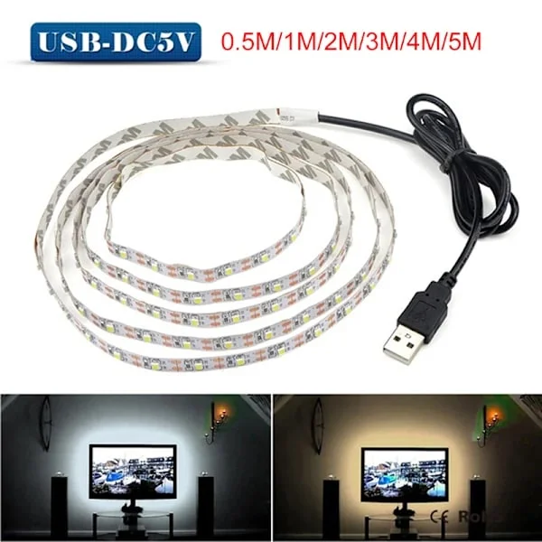 5V TV LED bakgrunnsbelysning USB LED Strip Light Dekorlampe Tape TV Bak varmhvit 3M