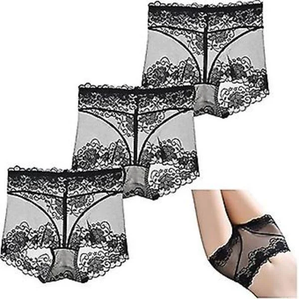 3 stk. Mesh Gennemsigtige Maveindsnævrende Hofteløftende Trusser, dameundertøj Sexet Blonde Højtaljede Trusser Briefs (XL Sort)