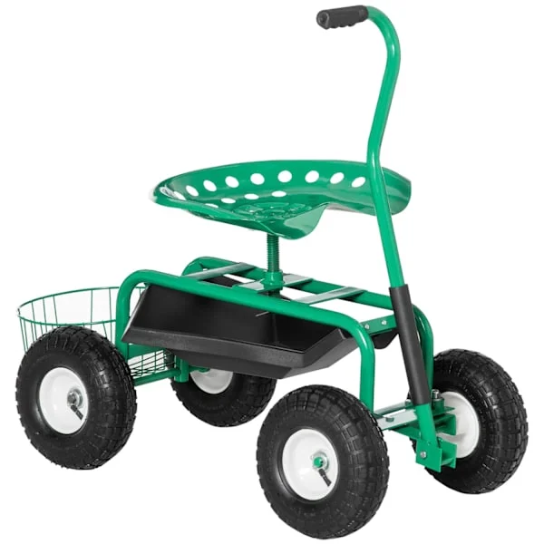 Havevogn, Værkstedsvogn, Havesæde Med Drejesæde, Opbevaringskurv, Højdejusterbar, 150 Kg Bæreevne, Metal + Gummi, Grøn, 81 X 44,5 X 46-59 Cm