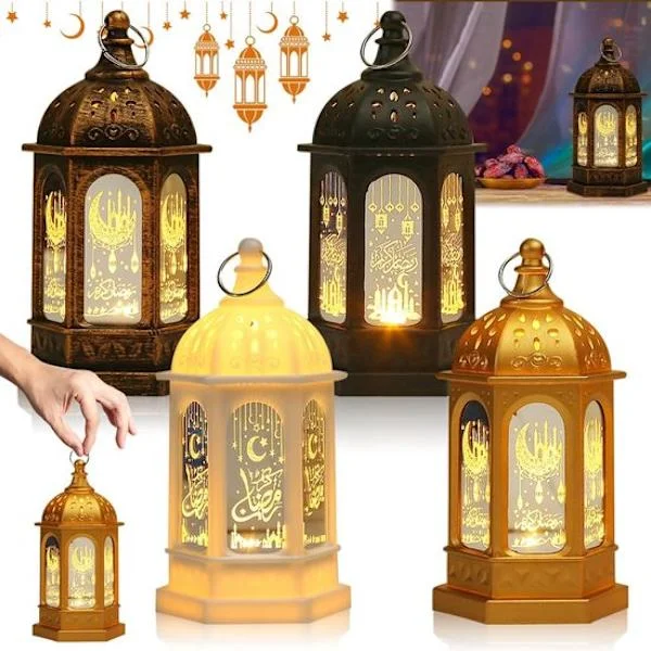 4 LED-stearinlys - For Ramadan - Vintage telysholder i metall - Glasslampe - Dekorativ hengende lampestativ - For hage, uteplass, balkong, gårdsplass