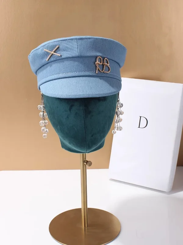 AliExpress - Designer-Denim-Newsboy-Caps für Damen mit Goldbuchstaben, Militärhut, Flat-Top-Kappe, lässige Gorras, Schirmmützen, Marinehüte, Gorras 