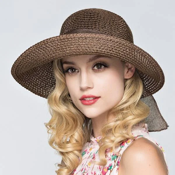 Women's Sun Hat Straw Hat Summer UV Protection Travel Foldable Wide Brim Bucket Hat Vintage Cloche Beach Fishing Hat Coffee