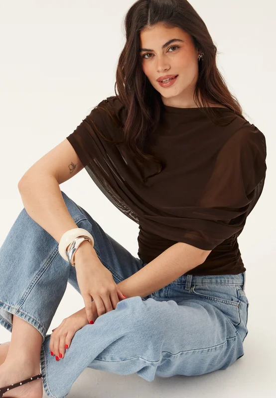 BUBBLEROOM-Drapy Mesh Cape Top-Brown-XS