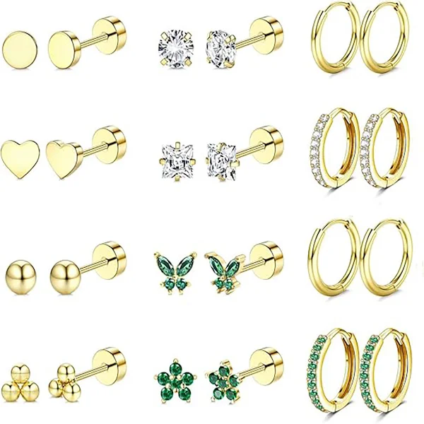 Hypoallergenic Surgical Steel Earrings for Sensitive Ears 14K Gold Flat Back Earrings for Women Men Small Earrings