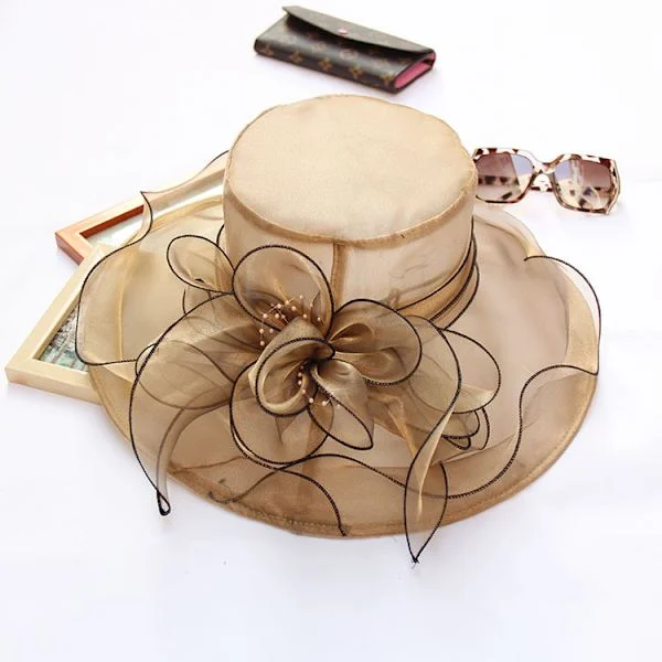 Dame Solhat med Net Blomster Dekoration Bred Skygge Strand Sol Beskyttelse Hat Organza Top Hat