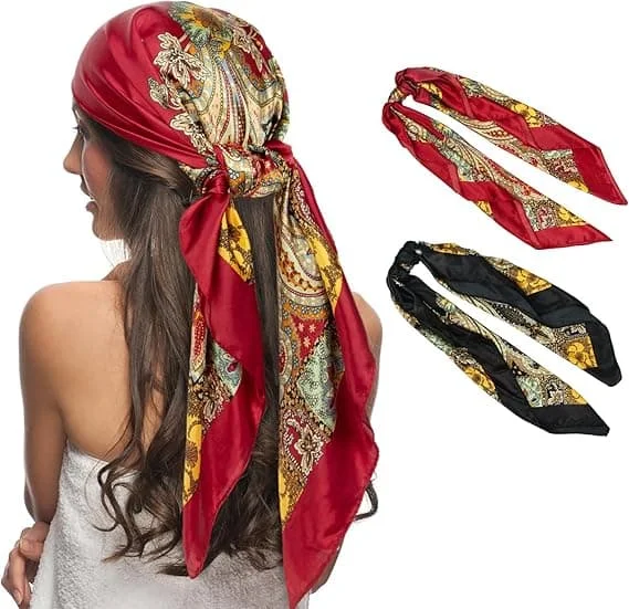 35" Damehodeplagg, Piratkostyme Tilbehør Silke Rød Bandana for Hårinnpakning og Søvn