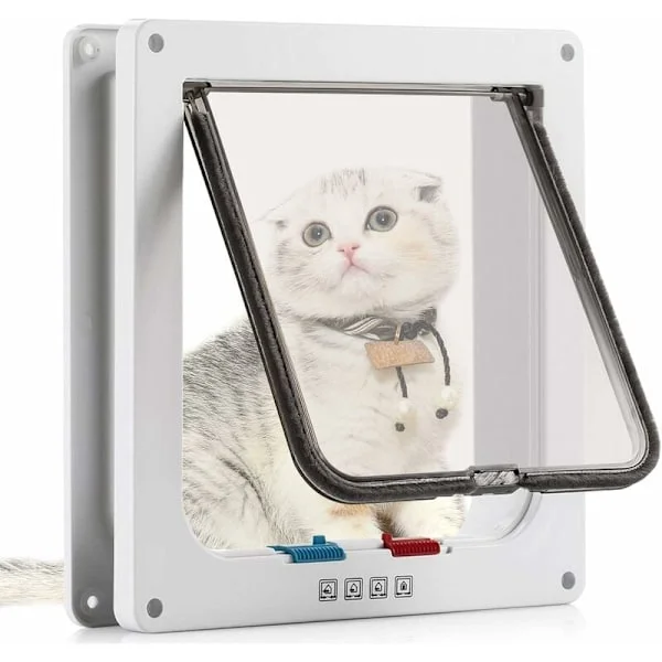 Kattlucka med 4-vägs magnet, husdjursdörr för katter och små hundar, kattlucka med tunnel (M-19,7x19x5,5 cm, vit)