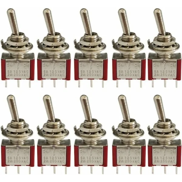 10 stk. Mini vippebryter, AC 125V 6A / 250V 2A 3-pinners SPDT PÅ-AV-PÅ 3-pinners 3-posisjons SPDT selvlåsende vippebryter for bildeler rød, av DEBUNS