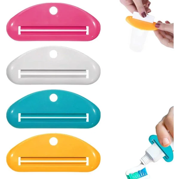 4 tandpastapressere - tubepresser, manuel dispenser - til cremer, salve - 8,6*3,7 cm - grøn, gul, hvid, pink