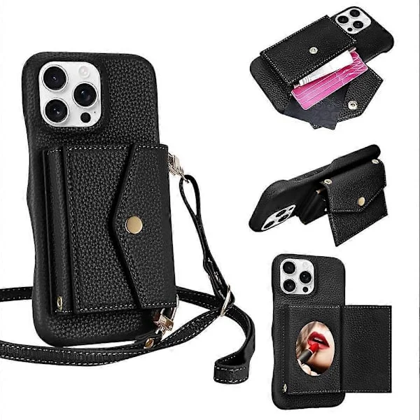 【NX】Super tilbud til ekstra pris! Mobiltelefondeksel med horisontal kortlomme i litchitekstur med lang snor Svart Svart-Happy Black