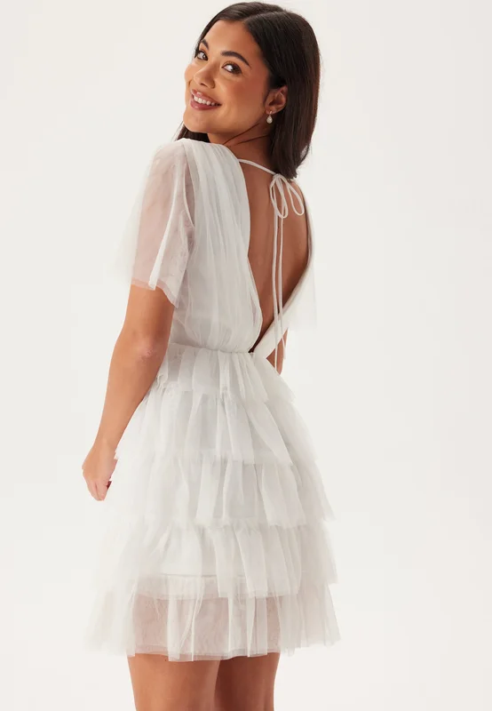 Bubbleroom Occasion - Deep V-neck Tulle Dress - White - Studentklänning