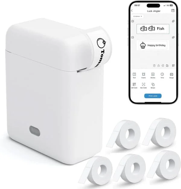 Portable Thermal Label Printer with Bluetooth App, Inkless Mini Label Maker with 5 Paper Rolls for Home, School, and Office Organization, White 