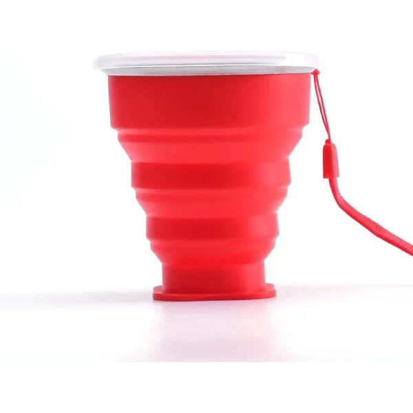 Vikbar silikonmugg med lock - 200 ml camping resemugg - röd