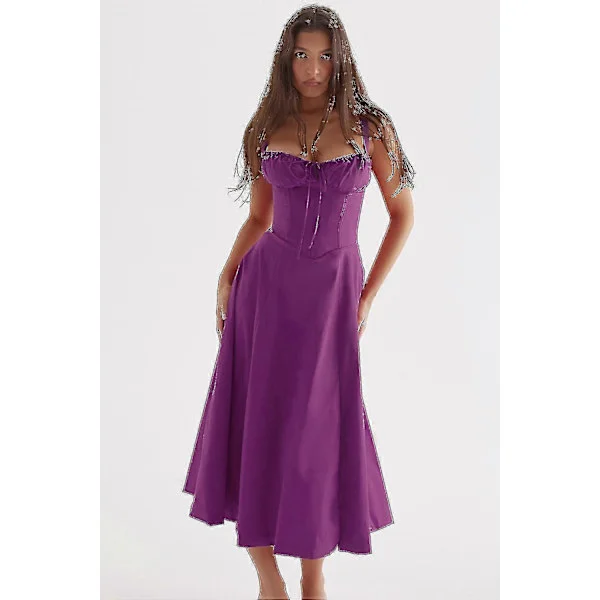 Blomstrete Boho Midi Bustier Kjole Dame Carmen Trykk Sommer Strand Swing Kjoler