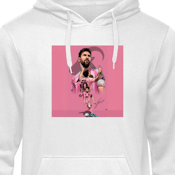 Barn-Hoodie | Mjuk Huvtröja för Barn Vit 7-8 År Motiv med Lionel Messi i rosa matchställ och flera ikoniska poser