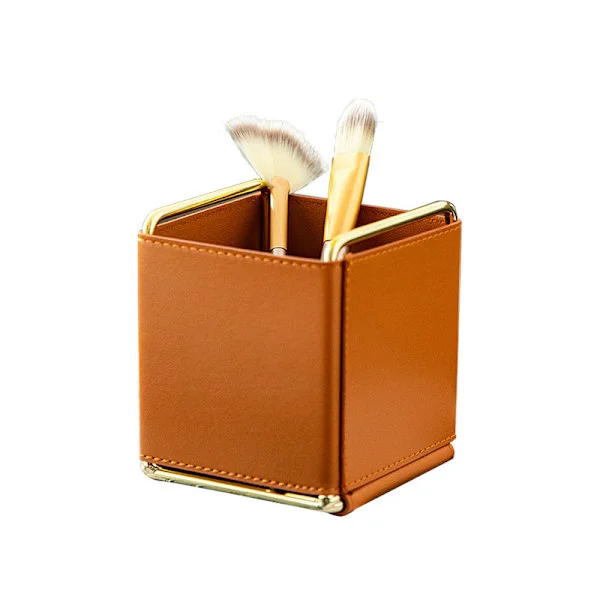 1 pc Brown Leather Pen Holder Desk Organizer, Iron Art Desk Makeup Brush Remote Control Storage Box Office Pen Holder for Desk
