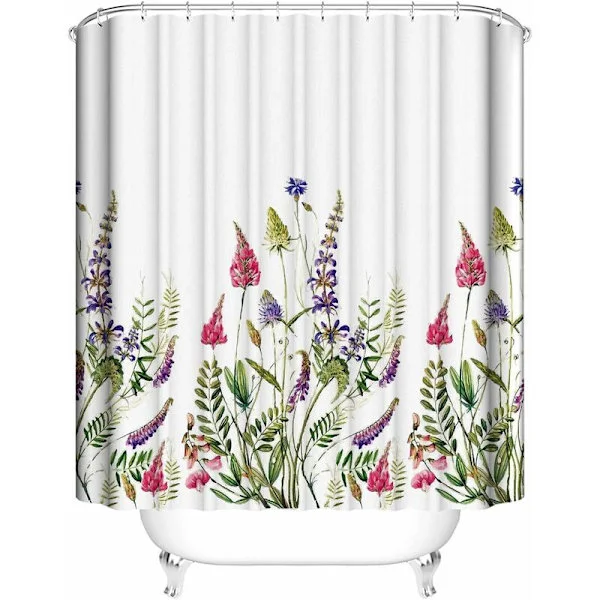 Bathroom Shower Curtains, Waterproof Mildew Resistant Shower Curtain with 12 Hooks, 72 x 72 Inches, White/Lavender