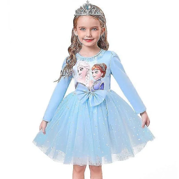 【NX】Jenter Prinsesse Elsa Høstkjoler Langermet Anna Kjoler Barnebursdagsfest Ballkjole Blå